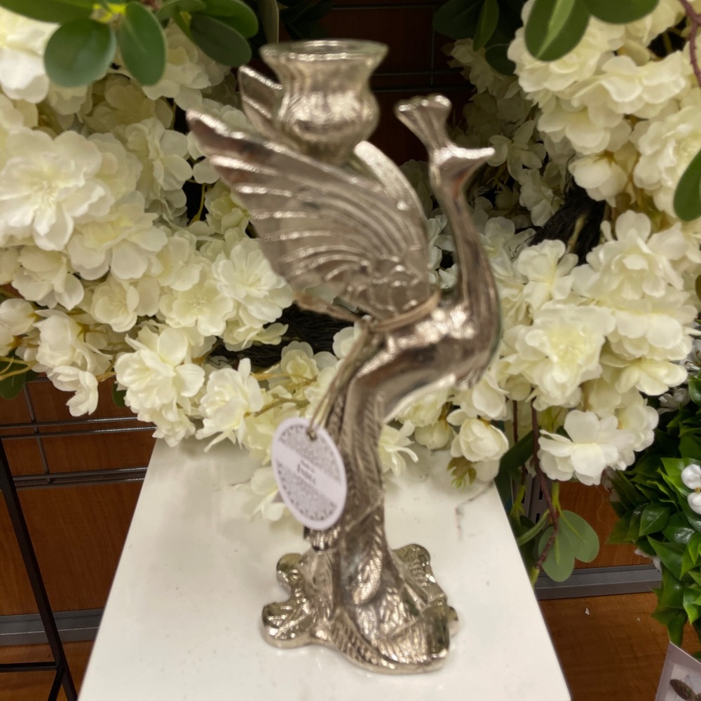 Peacock Metal Silver Taper Candle Holder Home Decor NWT